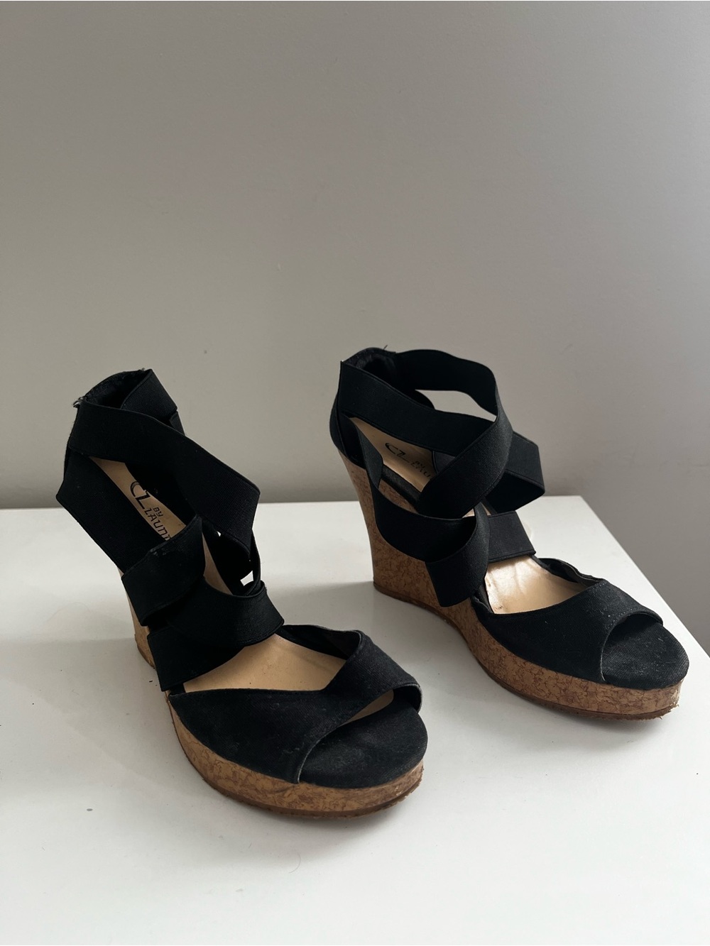 CL by Chinese Laundry Black Elastic Strap Cork Wedge Sandals